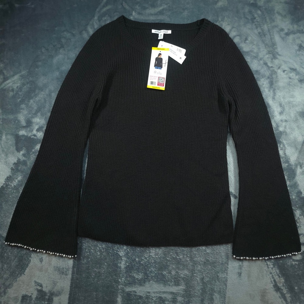 Edited x Hunter McGrady Black Pearl Trim Bell Sleeve Ribbed Sweater Medium
